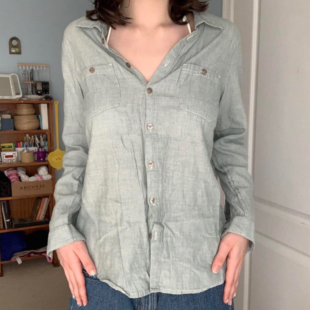green and white corset-like button up by horny toad